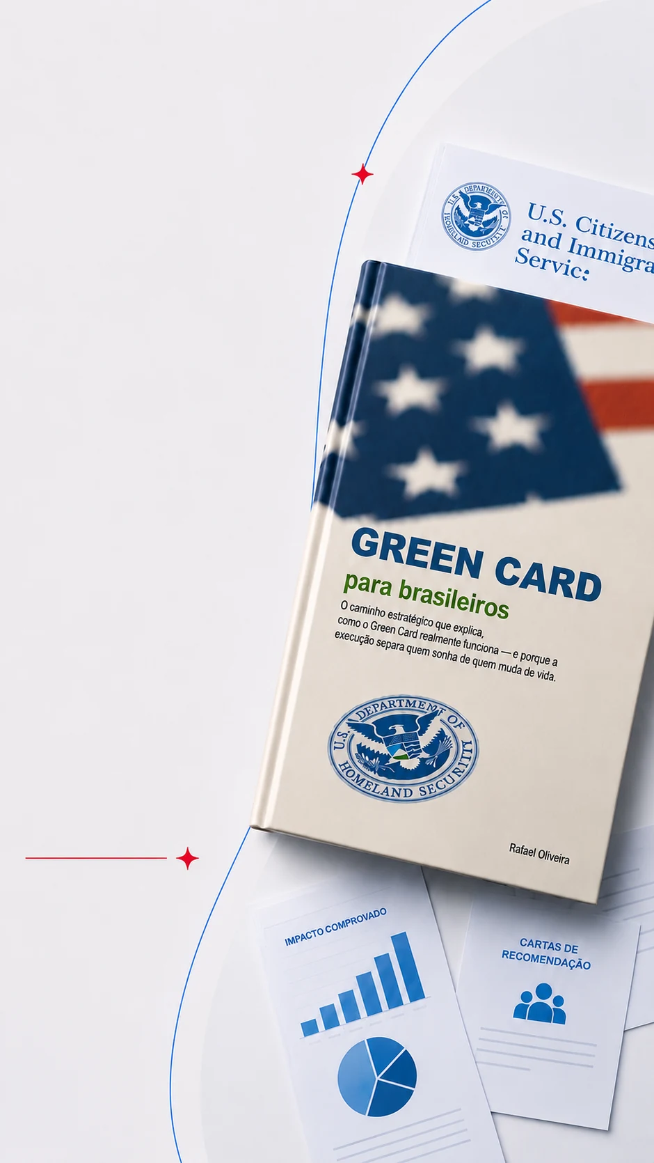 Livro Green Card para Brasileiros, com a carta do serviço de imigração e os documentos de apoio